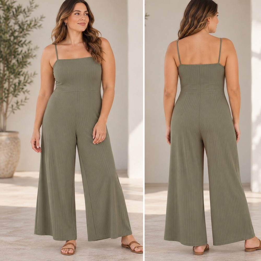 LTS Long Tall Sally NWT Ribbed Wide Leg Jumpsuit Olive Green Tall Size US 14-16